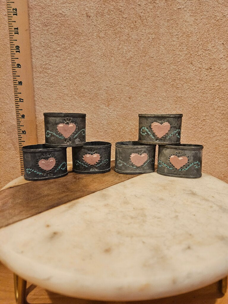 Vintage Galvanized Napkin Rings with painted heart pattern Set Of 6 Farmhouse Rustic Country