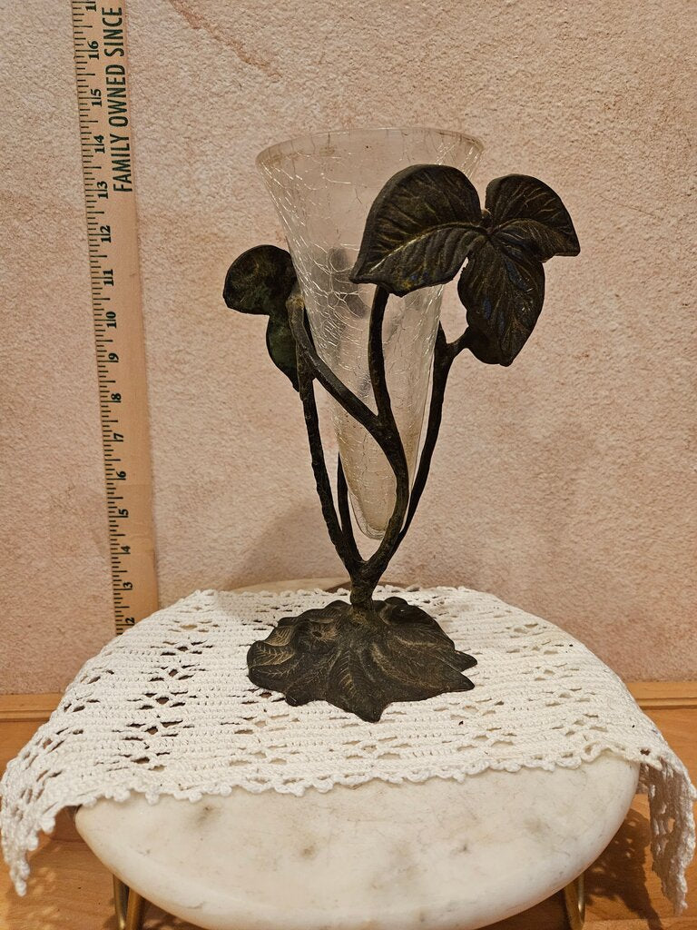 Vintage Glam Vase – Crackle Glass Art with Vine Base, A Midcentury Find in Clear Green for Luxe Retro Styl