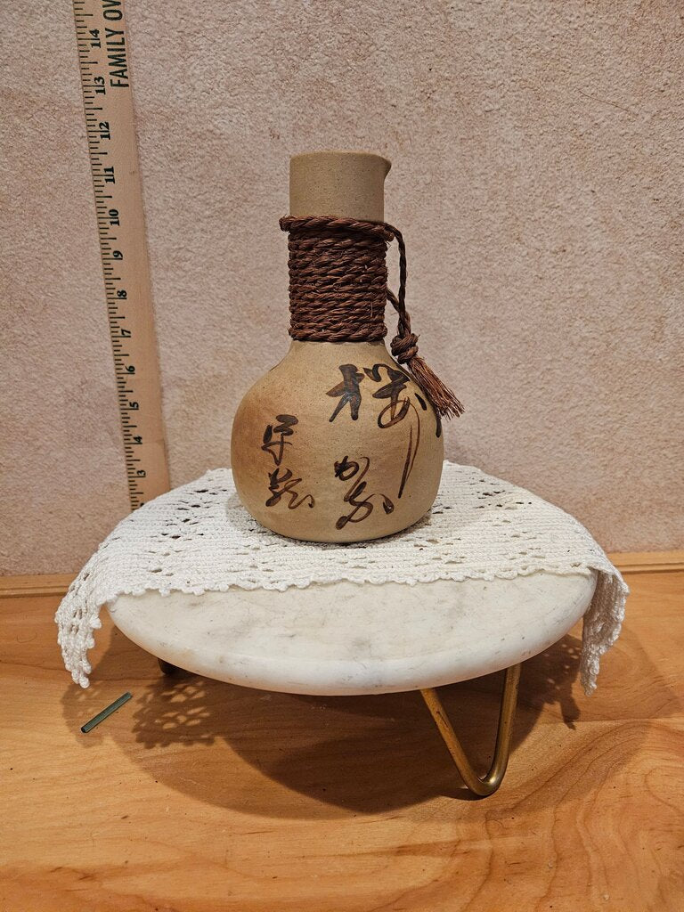 Japanese Japan Sake Jar with Pourinf Spout Brown Bisque Characters and Rope