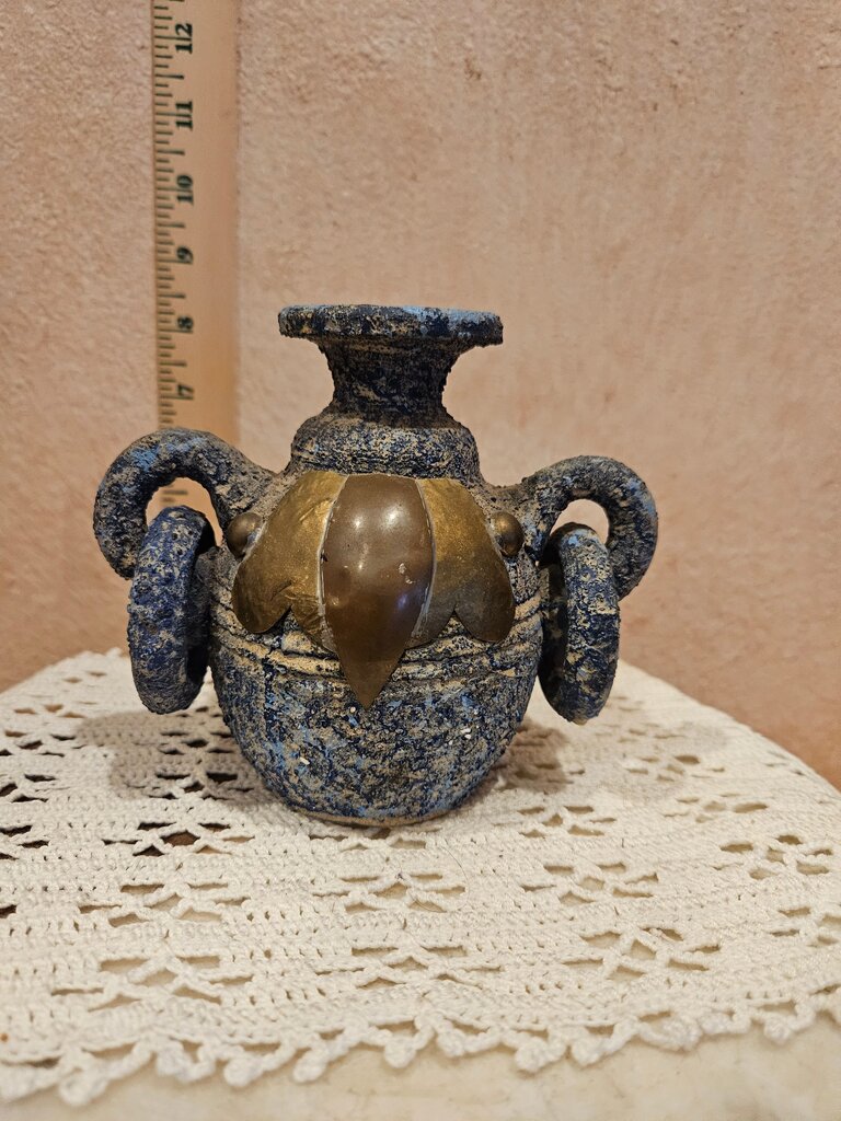 Sand Pottery Jar Vase with Handle Rings Dark Blue & Copper Trim