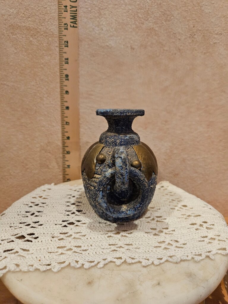 Sand Pottery Jar Vase with Handle Rings Dark Blue & Copper Trim