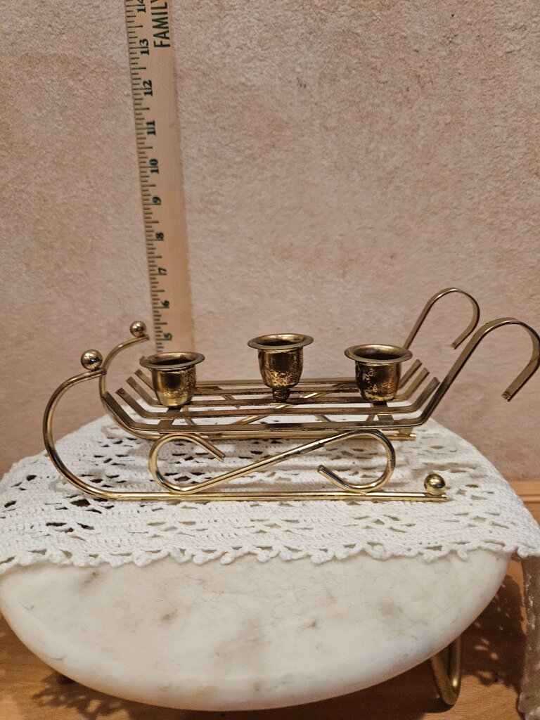 Vintage Santas Sleigh Metal Christmas 3 Candle Holder Gold Tone AS IS