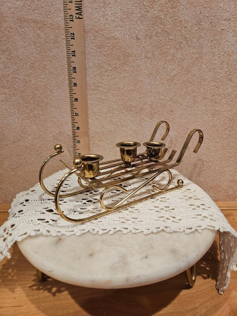 Vintage Santas Sleigh Metal Christmas 3 Candle Holder Gold Tone AS IS