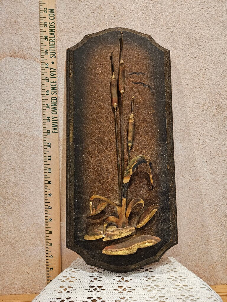 Vintage Copper Cattail Sculpture on Wood Panel