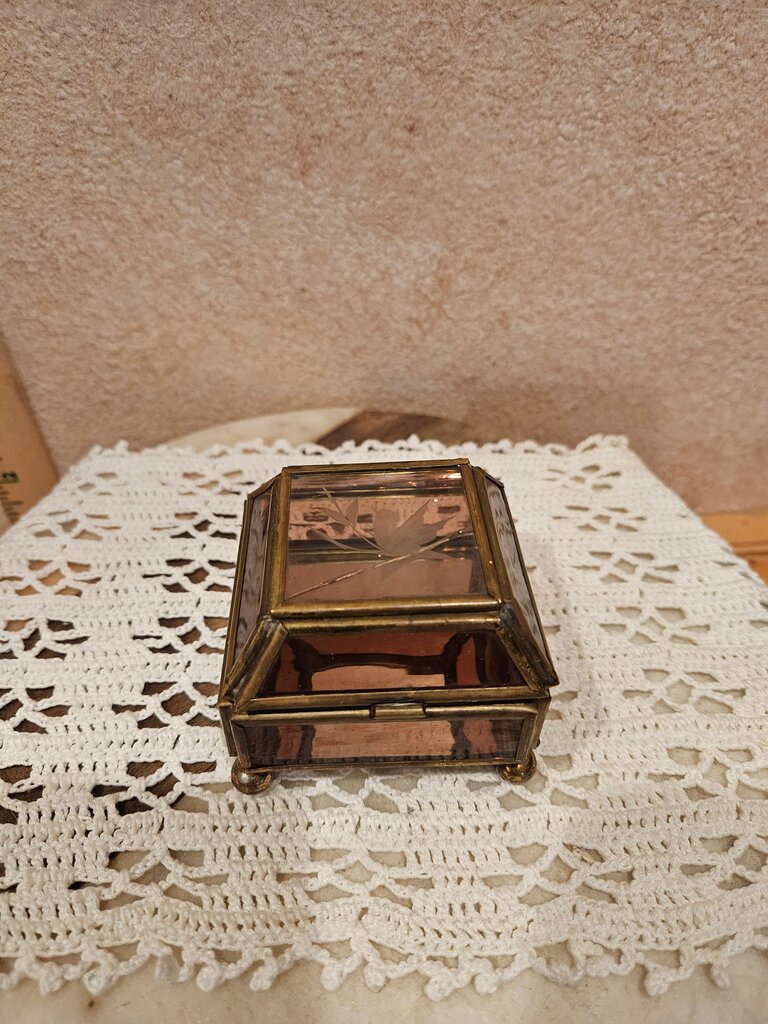 Vintage etched floral design glass and metal trinket-jewelry box AS IS