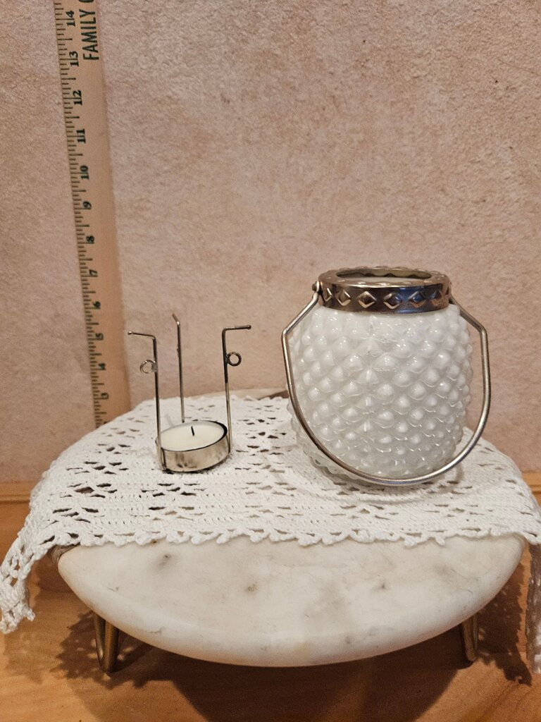 White Glass Candle Holder with Silver Handle