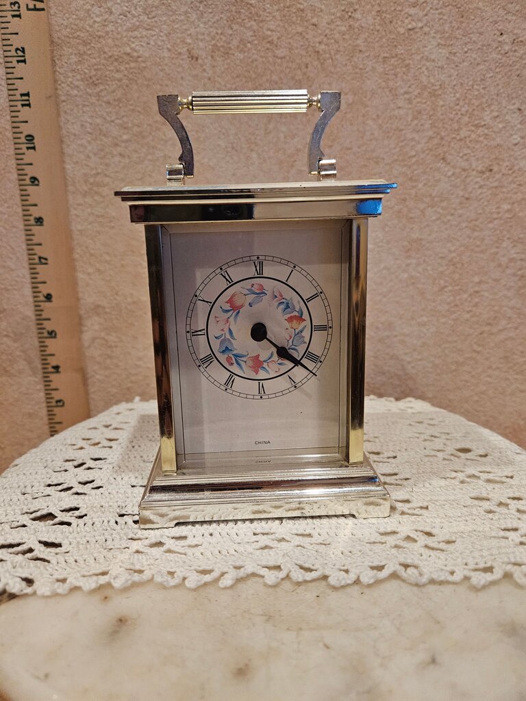 AVON Collectible 1990 5” Gold Tone Floral Carriage Shelf Mantel Clock