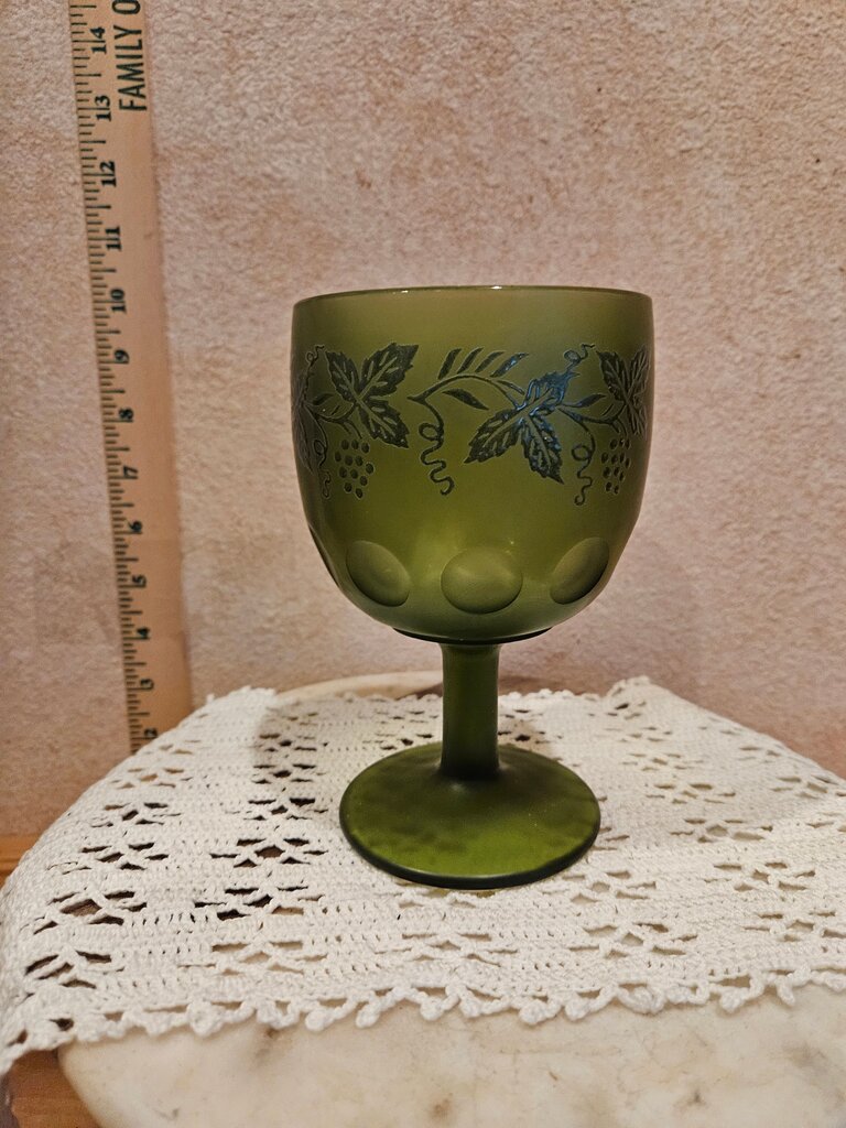 Vintage Bartlett Collins Green Glass Goblet Wine Glass Round Thumbprint Grapevine Design