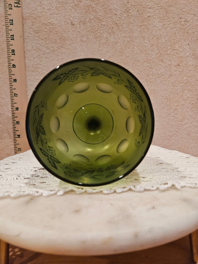 Vintage Bartlett Collins Green Glass Goblet Wine Glass Round Thumbprint Grapevine Design
