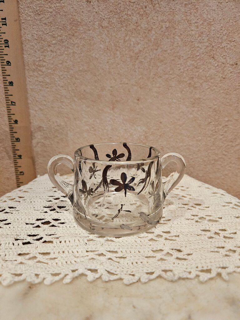 Art Nouveau Silver Overlay Open Sugar Bowl Etched Aesthetic Movement Design, Orchid Overlay