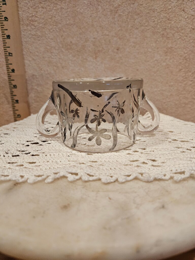 Art Nouveau Silver Overlay Open Sugar Bowl Etched Aesthetic Movement Design, Orchid Overlay