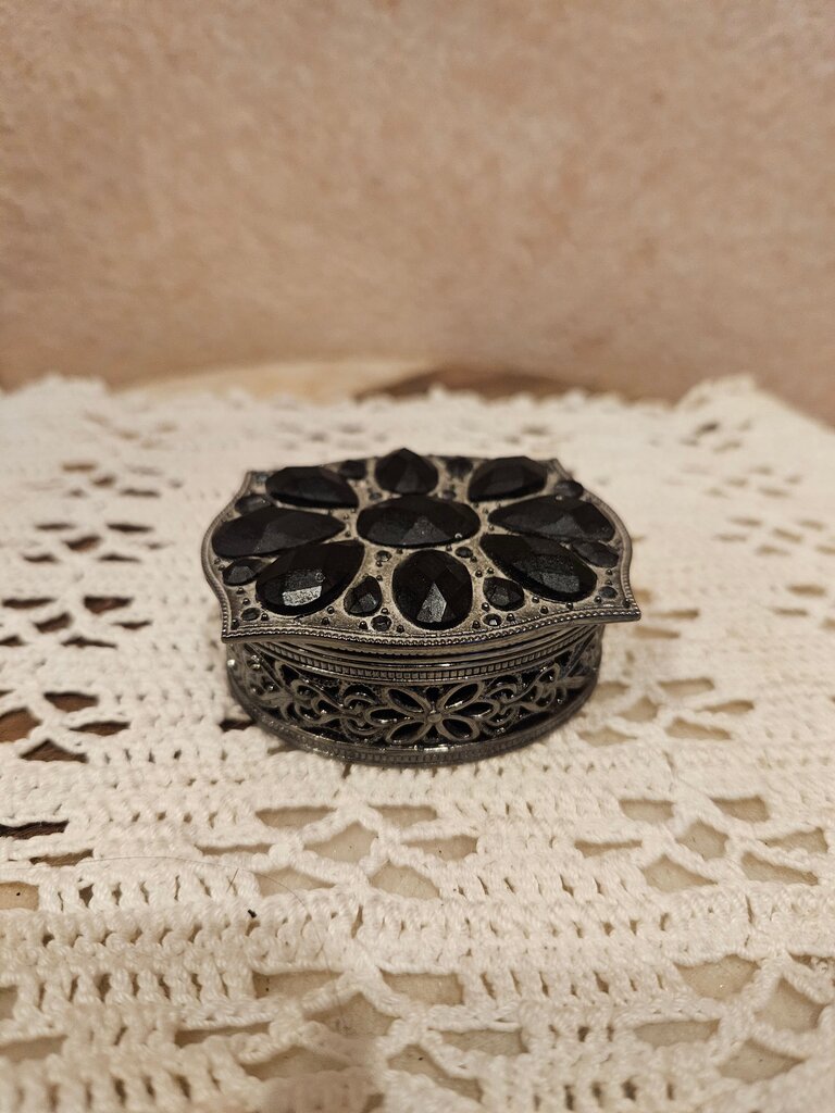 Vintage Liz Claiborne Gunmetal Black Filigree Rhinestone Jewelry Trinket Box