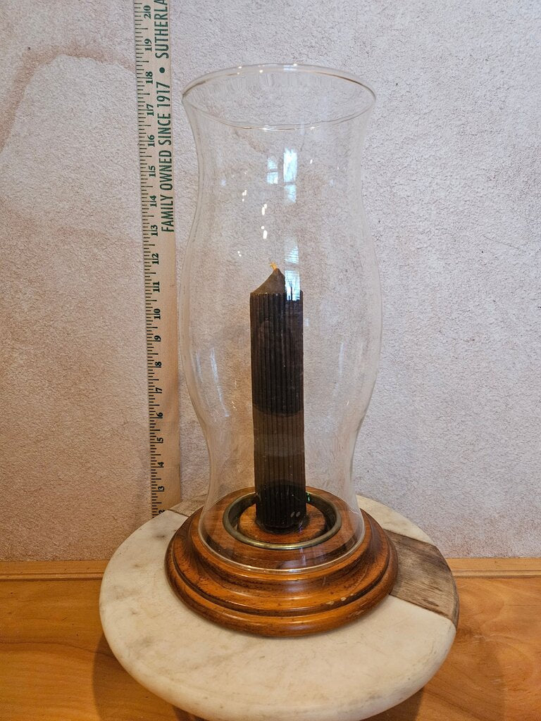 Vintage Hurricane Lamp Taper Candle Holder Glass on Wood Base