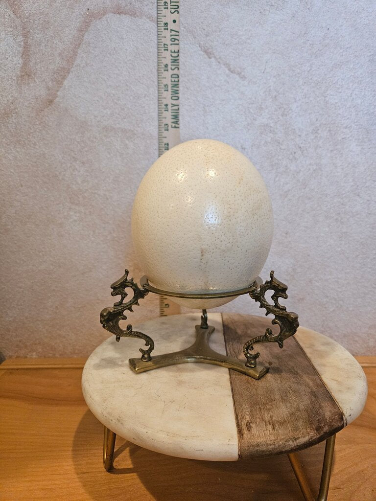 Vintage Natural Ostrich Egg w/ Brass Fancy Stand w/ Insides Blown Out and Dried. Hole in Only One End.