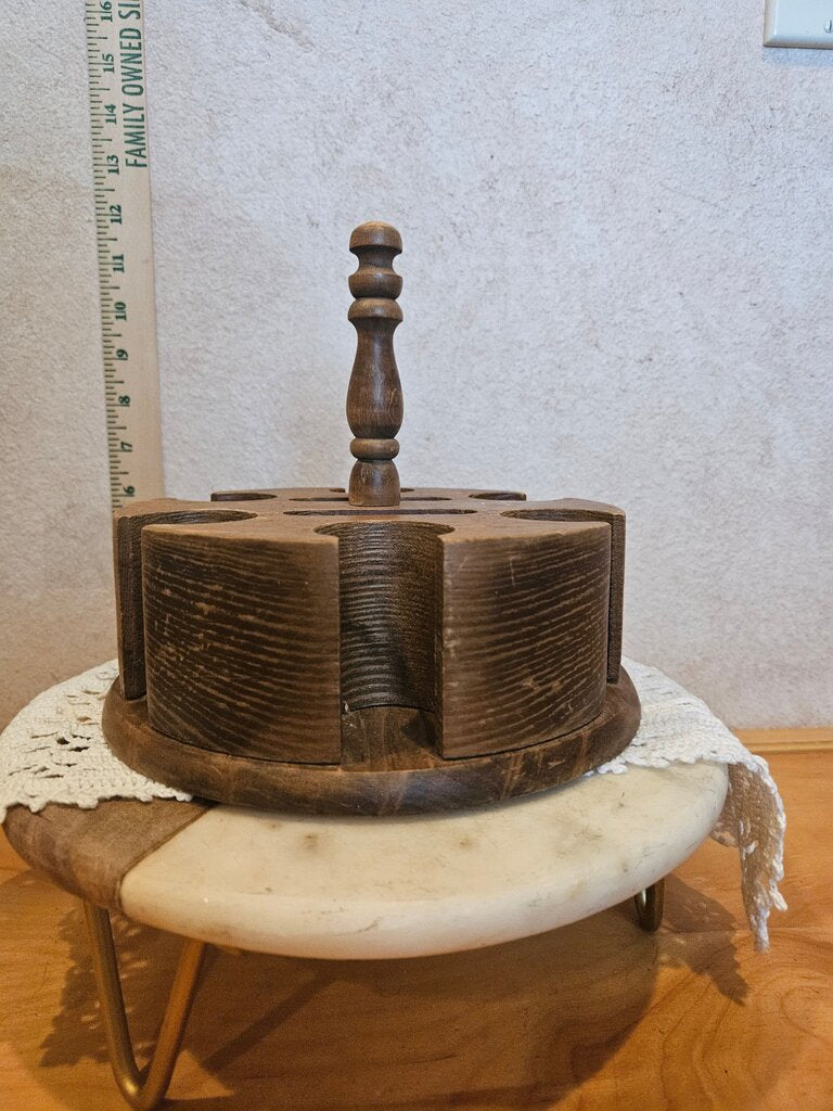 Vintage Wooden POKER CHIPS IN LAZY SUSAN CADDY w spindle handle aged patina as is