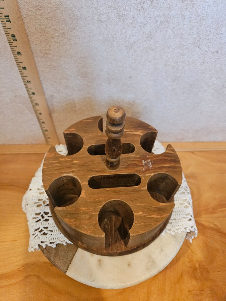Vintage Wooden POKER CHIPS IN LAZY SUSAN CADDY w spindle handle aged patina as is
