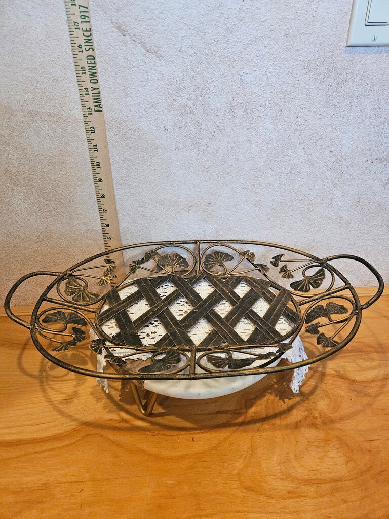 Ginkgo Leaf and lattice basketweave bottom metal tray