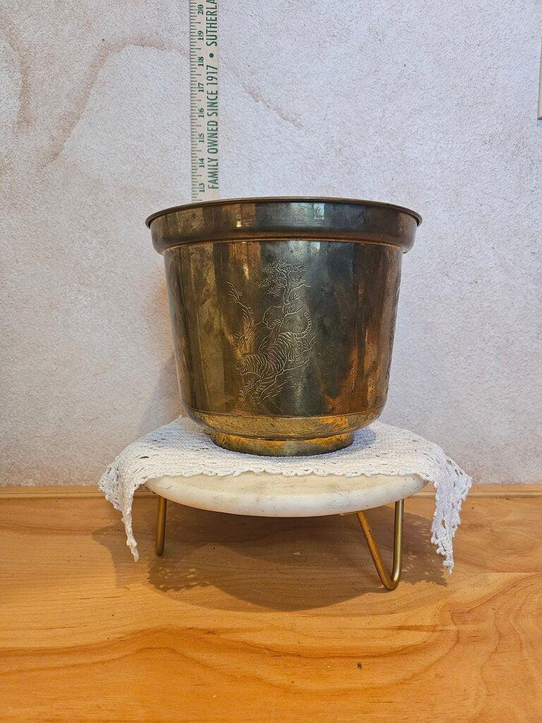 Vintage Brass Planter Pot with Engraved Design