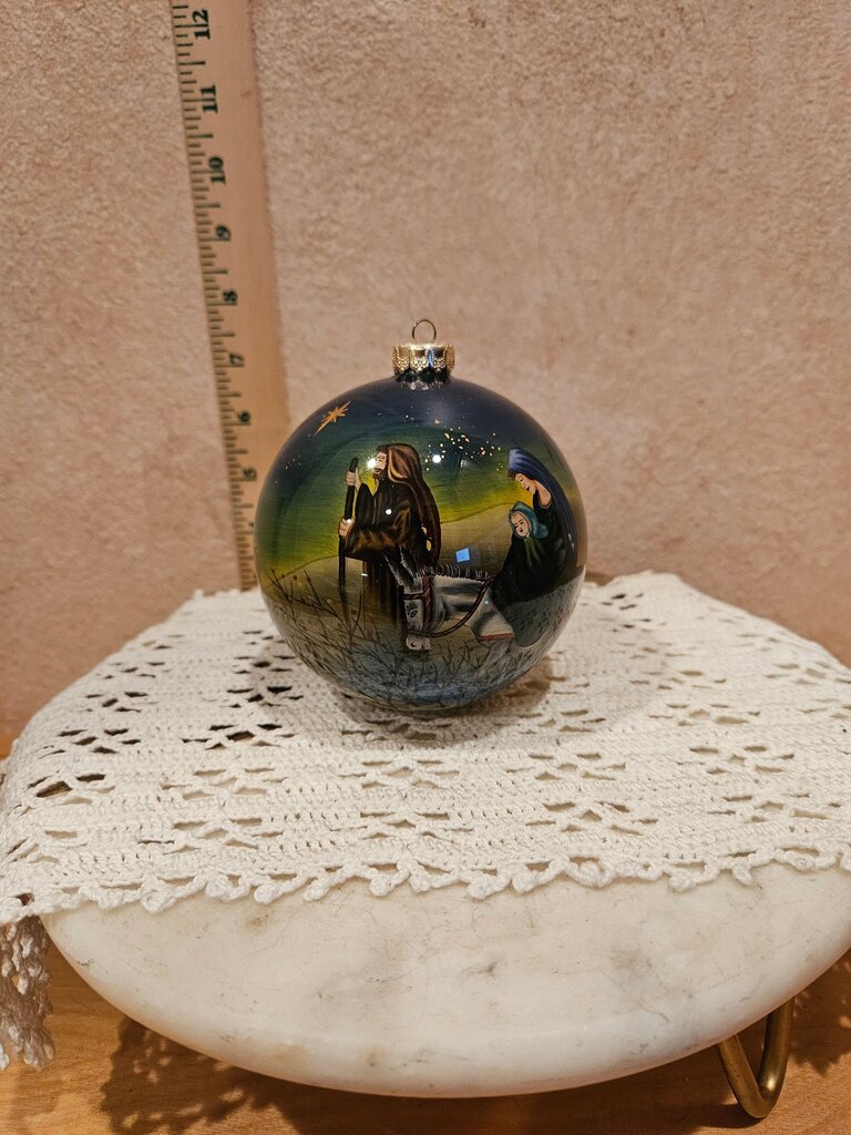 Vintage Religious Hand-painted Ornament w Nativity Scene Christmas Bulb In A Red Satin Lined