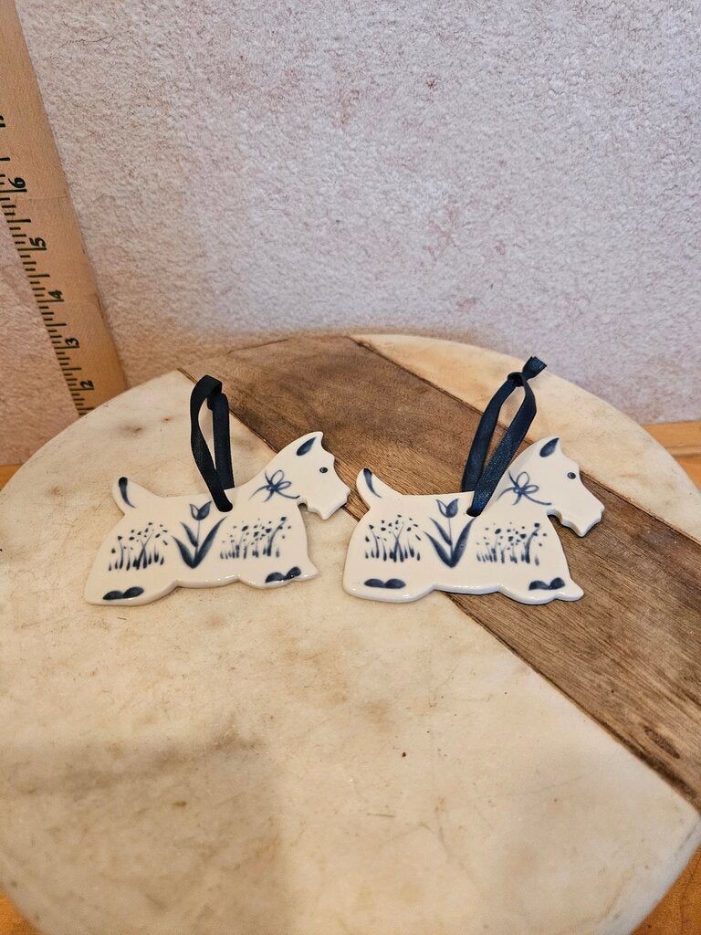 Russ Berrie Scottie Dog Blue & White Ceramic Christmas Ornament Holiday Decor Stocking Stuffer Gift Wreath Decoration