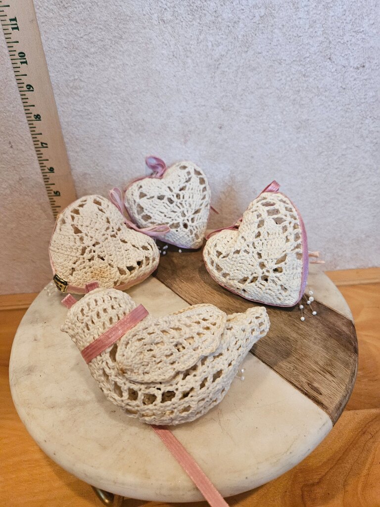 Vintage Handmade Starched Lace Hearts and bird 4 piece Ornament Lot