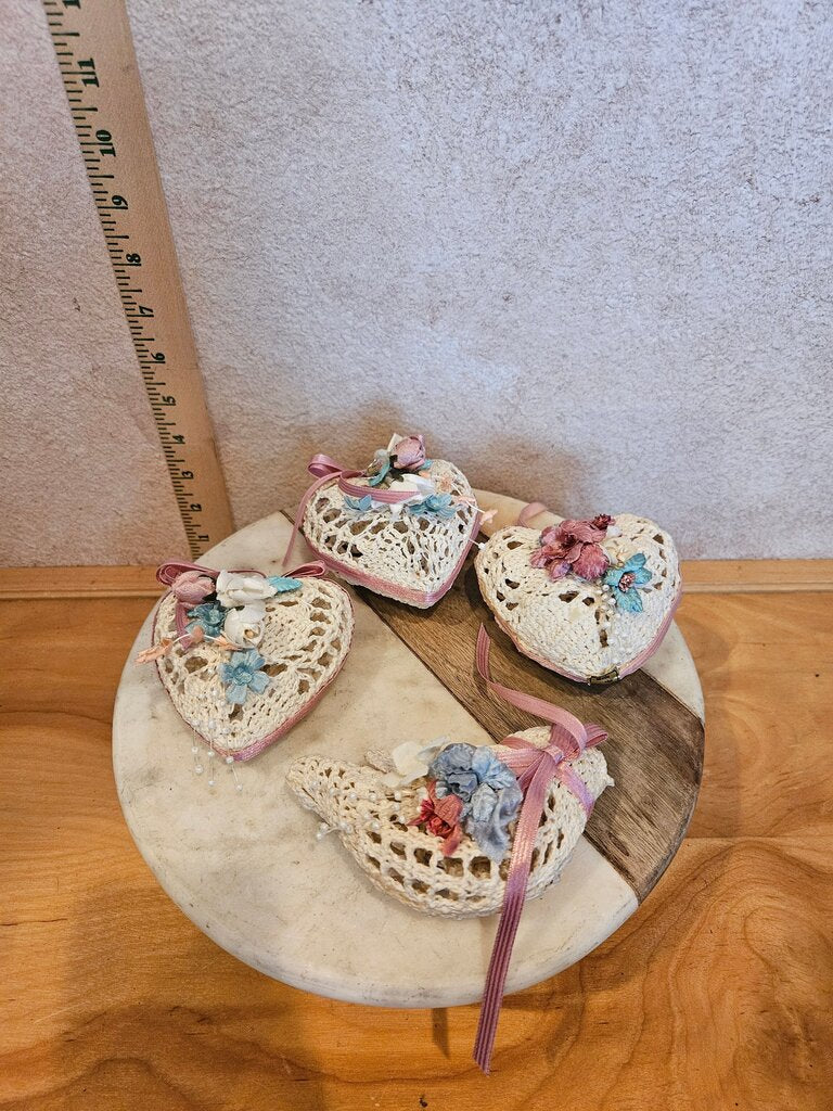 Vintage Handmade Starched Lace Hearts and bird 4 piece Ornament Lot