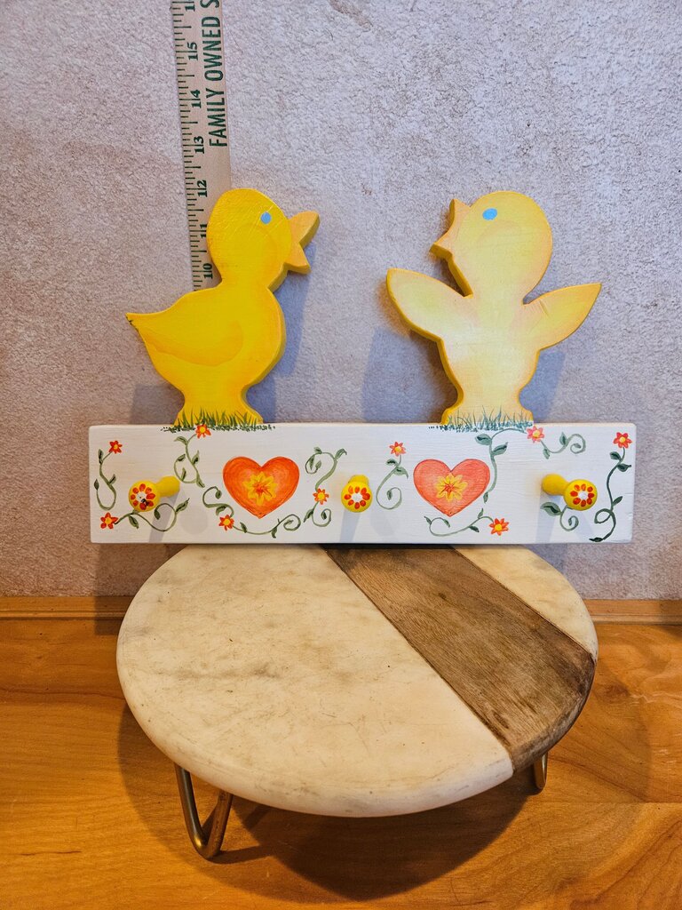 Vintage Duck Coat/Key Hanger Folk art hand painted Blue Yellow Retro Handmade