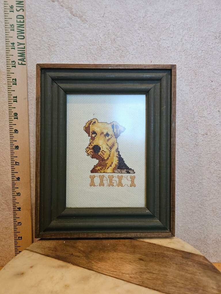 Vintage Framed Cross Stitch of an Airedale Terrier