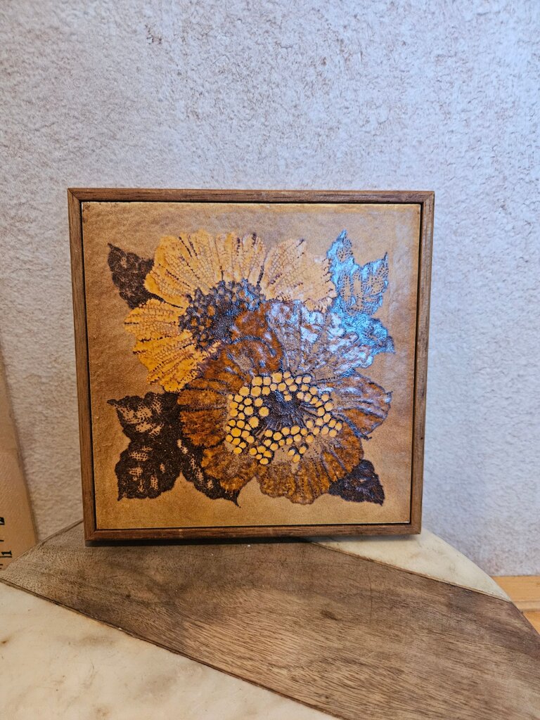 Vintage Ceramic Tile & Wood Trivet, Floral Tablet Wall Art