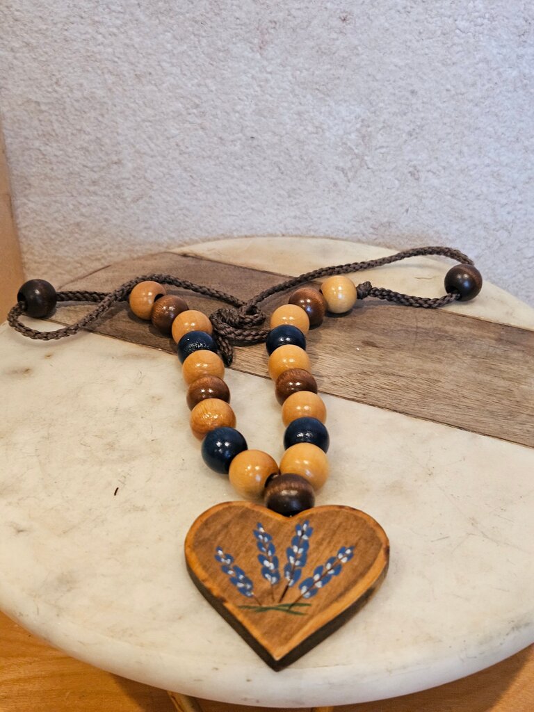 Handcrafted Wooden Heart Necklace/decor with painted blue bonnets