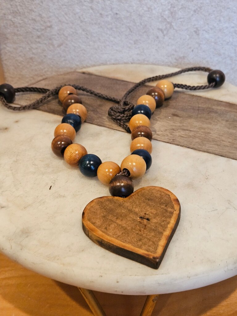 Handcrafted Wooden Heart Necklace/decor with painted blue bonnets