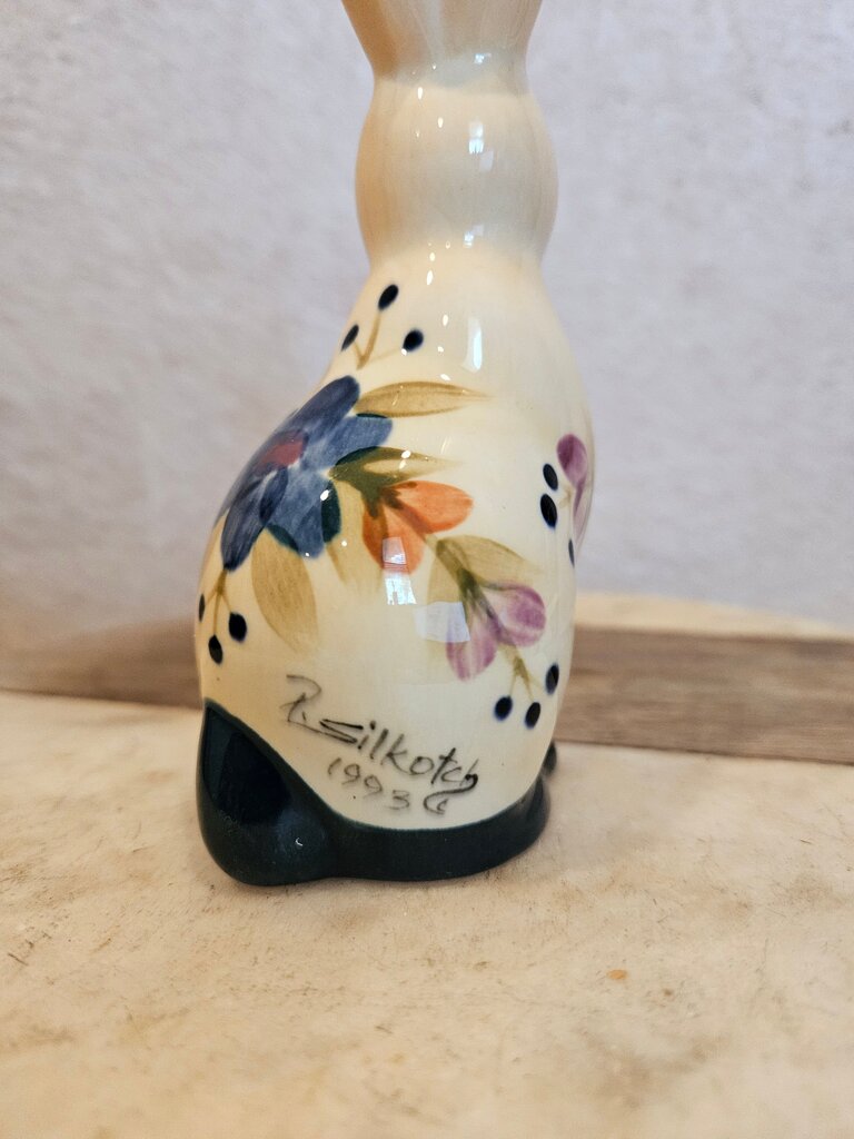 Vintage P. Silkotch Ceramic Hand Painted Bunny Rabbit 1994 W/ floral flowers