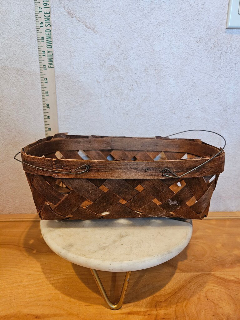 Vintage Woven Wooden Strawberry Collecting Basket with rustic metal handles as is