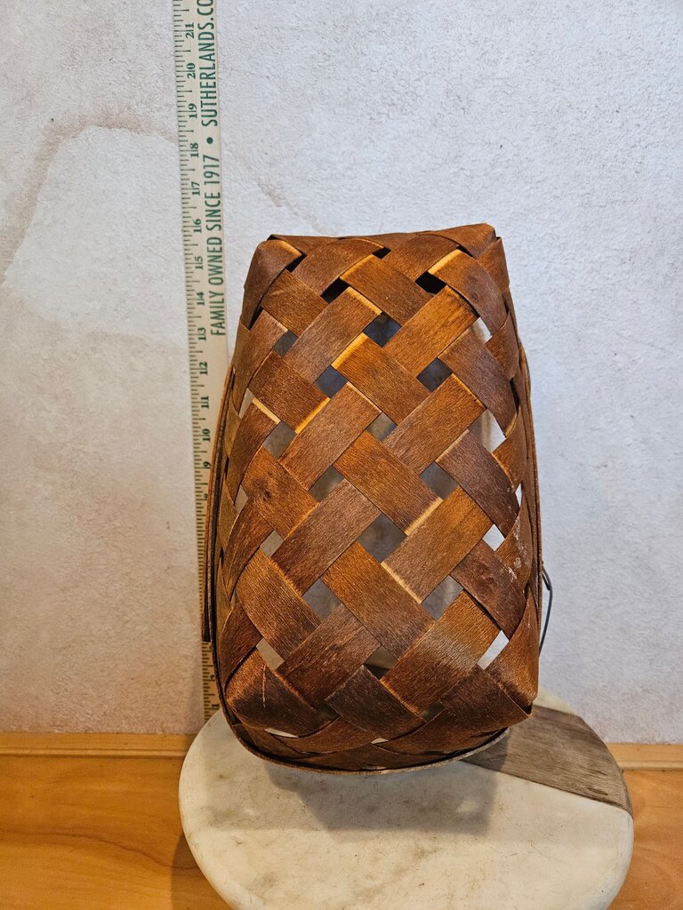 Vintage Woven Wooden Strawberry Collecting Basket with rustic metal handles as is