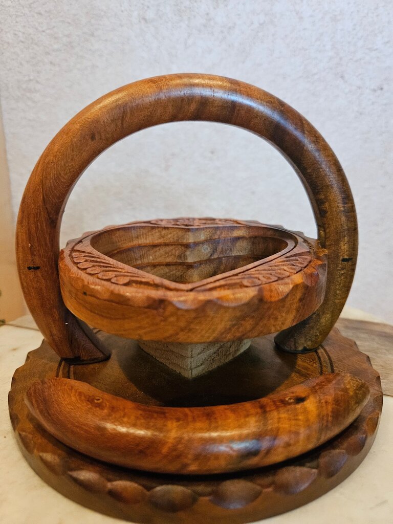 Wooden Carved Accordian Collapsable Heart Bowl Trivet Basket