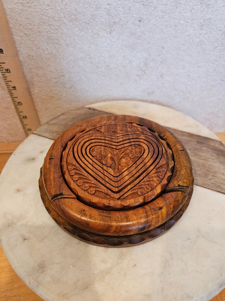 Wooden Carved Accordian Collapsable Heart Bowl Trivet Basket