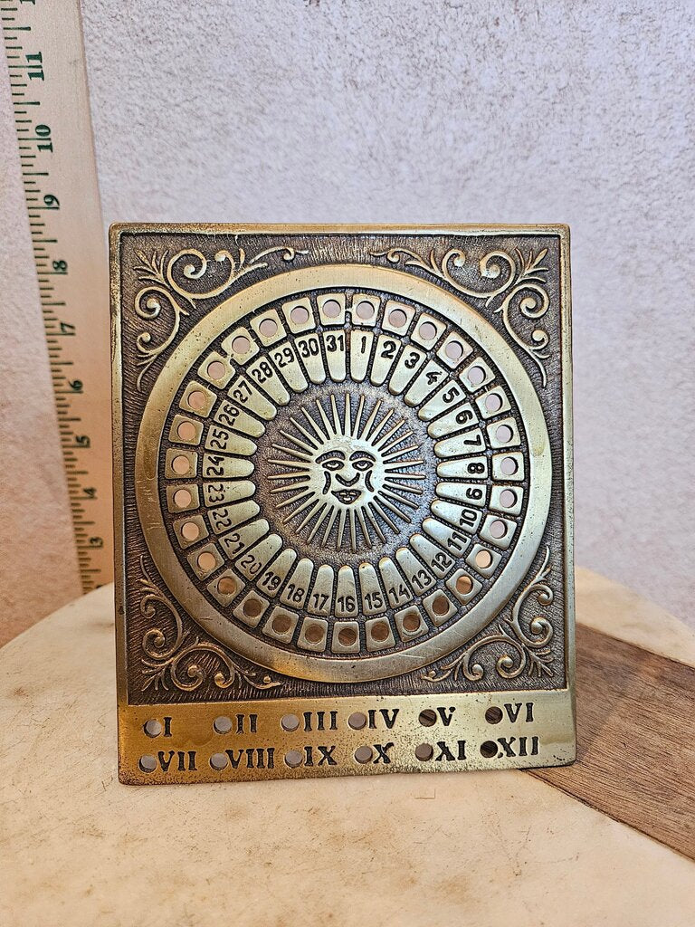 Vintage Brass Perpetual Calendar Sun Motif Table Calendar Celestial Solar Sun Theme Engraved Casted Brass