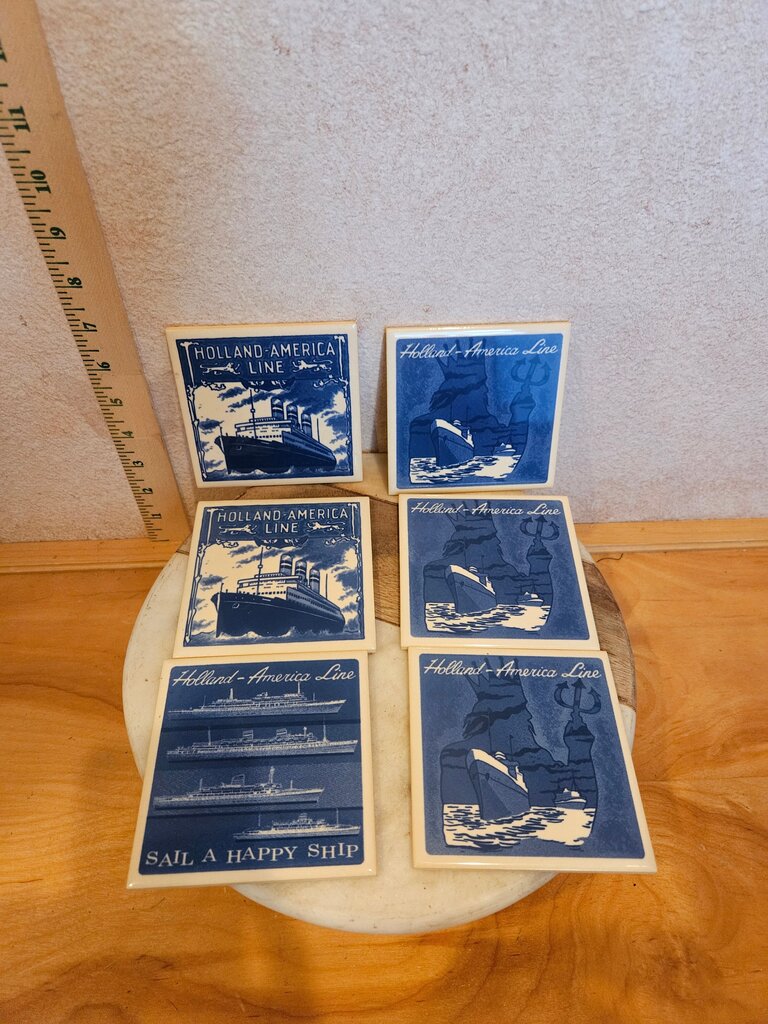 Holland America Line Vintage Delft Blue & White Tile Art Coasters from Holland America set of 6