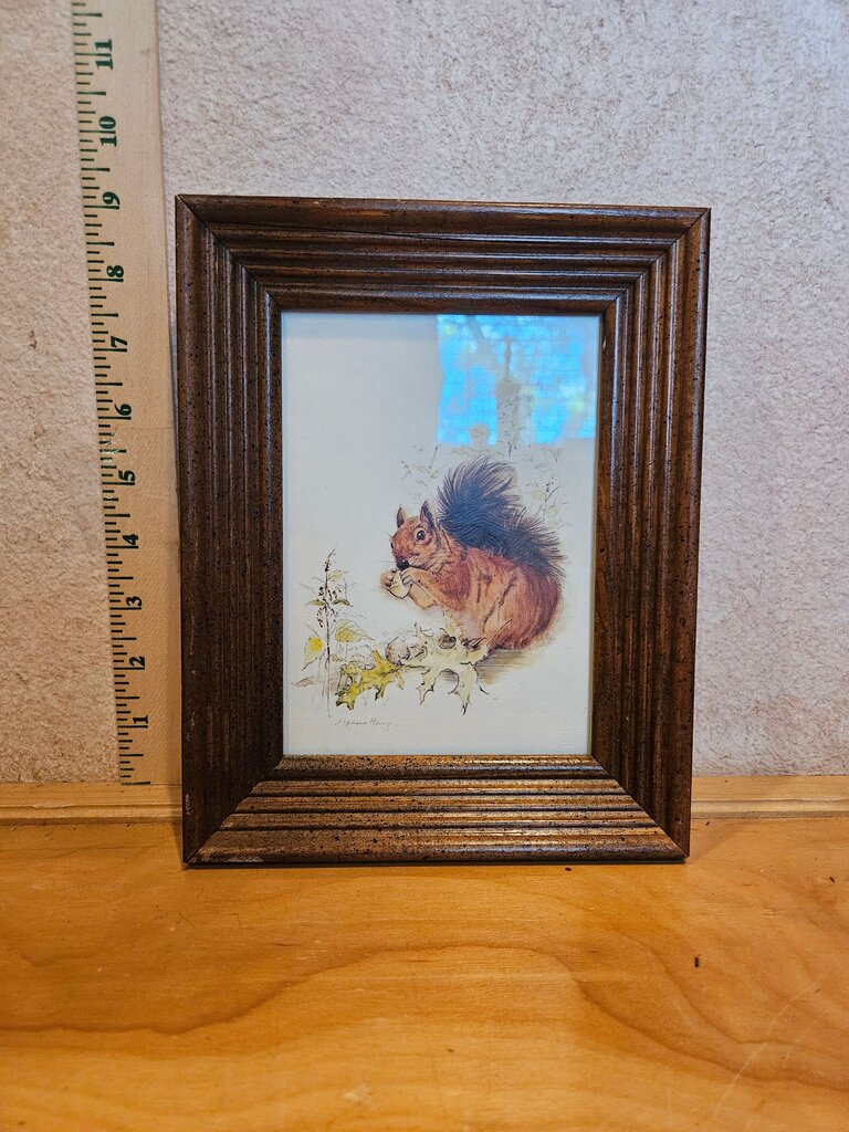 Vintage Stephanie Harney Squirrel Print in vintage wood Frame
