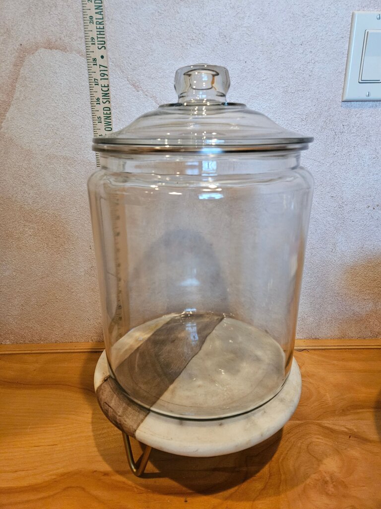Large Glass Storage /cookie / decor Jar with lid teeny chip inside rim apothecary scene