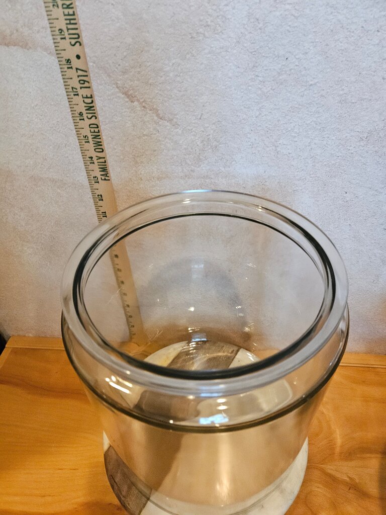 Large Glass Storage /cookie / decor Jar with lid teeny chip inside rim apothecary scene