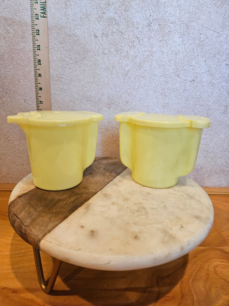 Vintage Tupperware Creamer And Sugar Set Yellow Plastic Flip Top Lids 1970's