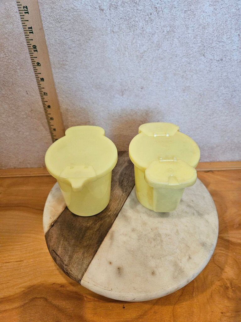Vintage Tupperware Creamer And Sugar Set Yellow Plastic Flip Top Lids 1970's