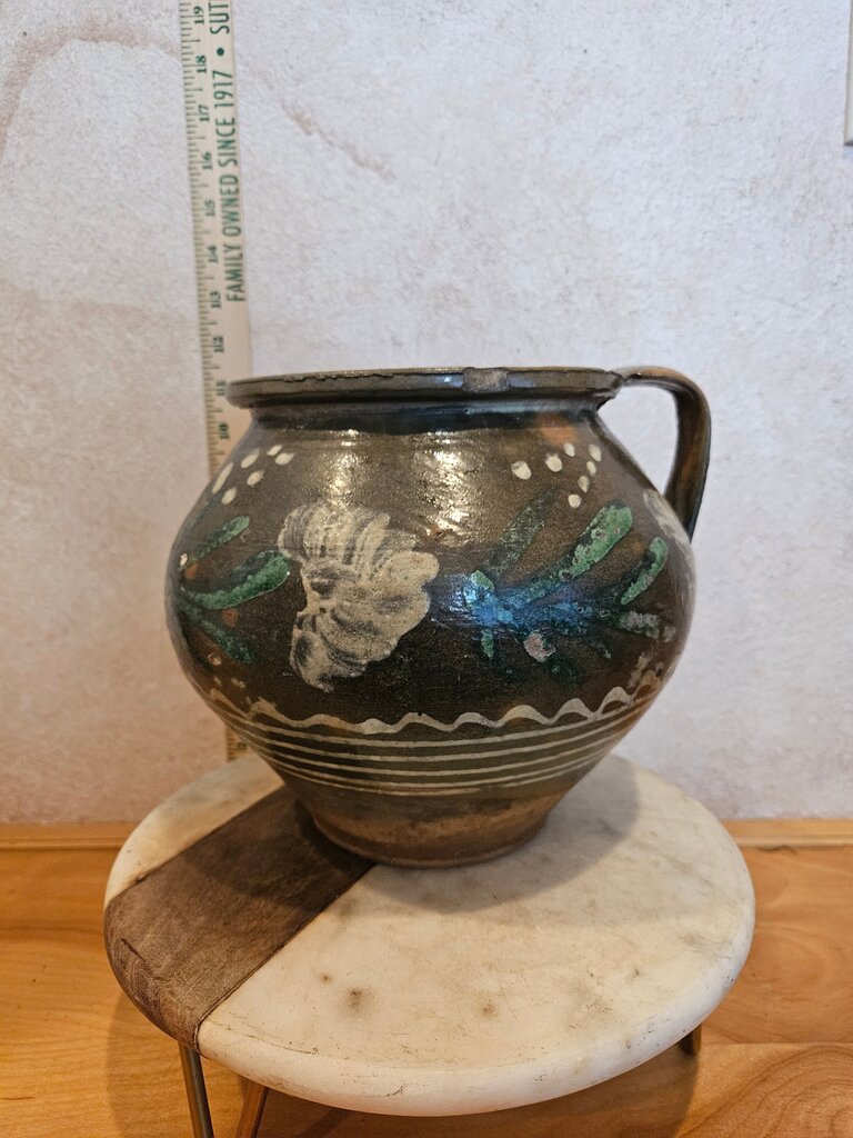 Antique Floral Pottery Jug, Pitcher, Vase, Folk Art, Rustic Terra Cotta, Hand Thrown, Hand Painted Rustic Farmhouse, Farm Table