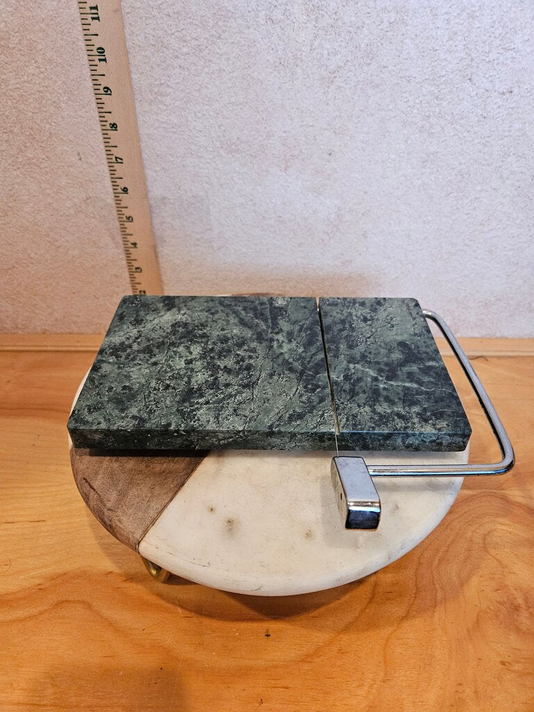 Heavy Green Marble Cheese & Meat Board w Wire Slicer Minimalist Kitchen Charcuterie Cutting Serving Board