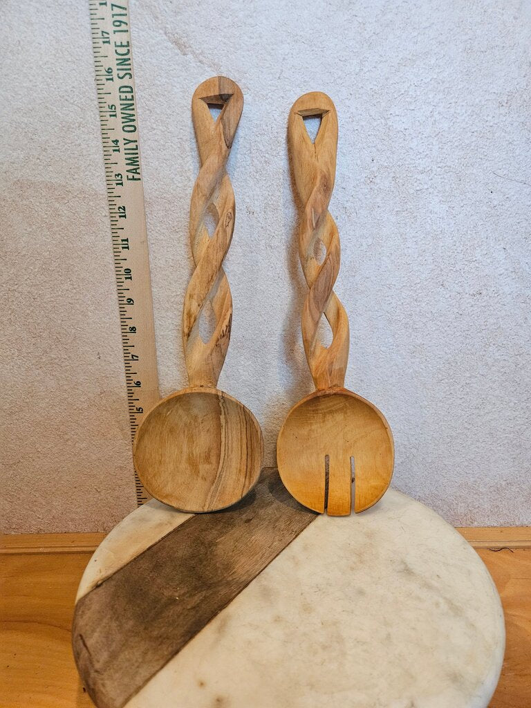 Unique hand-carved African solid wood wooden salad spoons tongs w twist spoon & fork Africa hand crafted