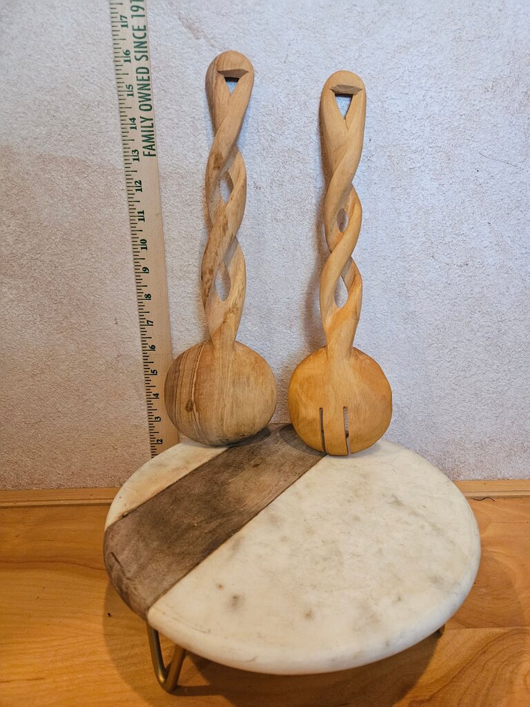 Unique hand-carved African solid wood wooden salad spoons tongs w twist spoon & fork Africa hand crafted