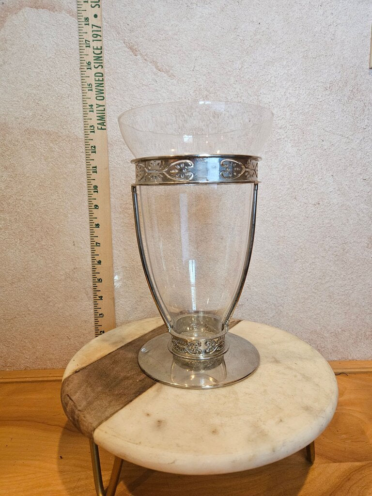 Vtg 1960's FTD Silver Band And Clear Vase 9" Tall w/Heart Cut-outs