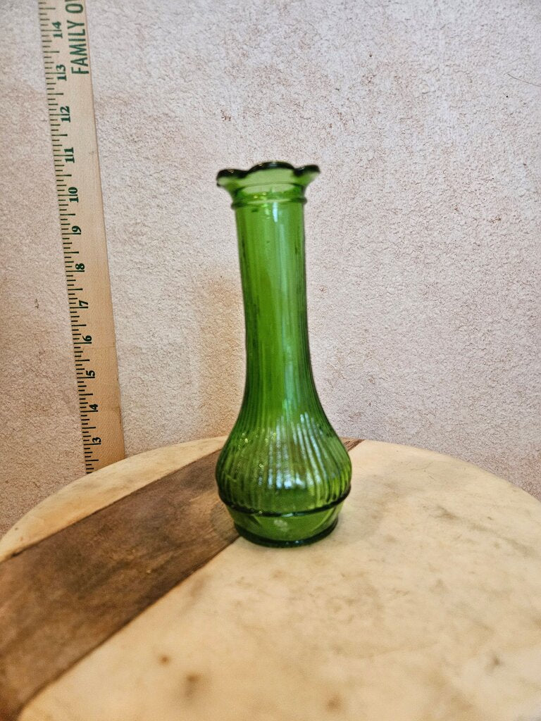 Randall Green 6" Glass Bud Vase Ruffled Flower Edge Ribbed