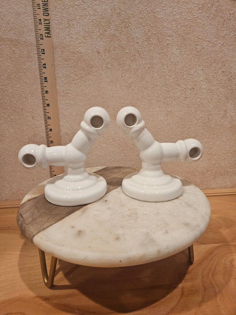 Antique Ceramic Double Architectural Salvage Pair of Porcelain Screw Mount Towel Bar Holders